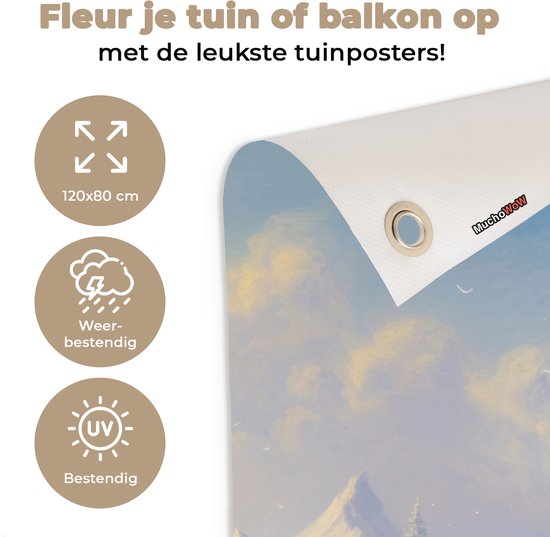Tuinposter 120x80 cm - Tuindecoratie Boom - Seizoenen - Winter - Landschap - Poster voor in de tuin - Buiten decoratie - Schutting tuinschilderij - Tuindoek muurdecoratie - Wanddecoratie balkondoek