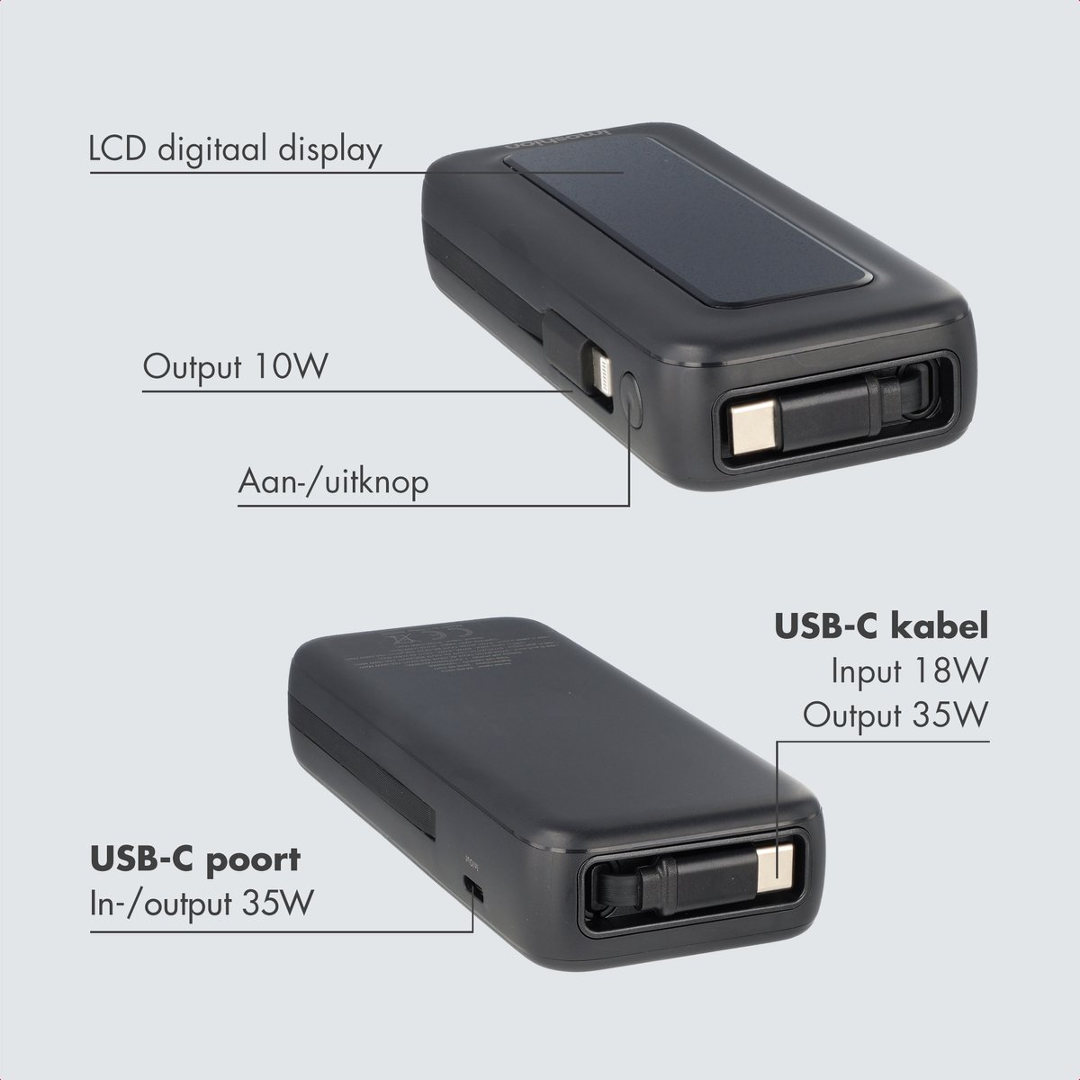 imoshion® Powerbank 10000 mAh - 35W Ultra Snellader - Geïntegreerde kabels USB-C - Powerbanks - Universeel - Quick Charge 3.0 en Power Delivery — cadeau in Telefoon & Tablet - foto 5