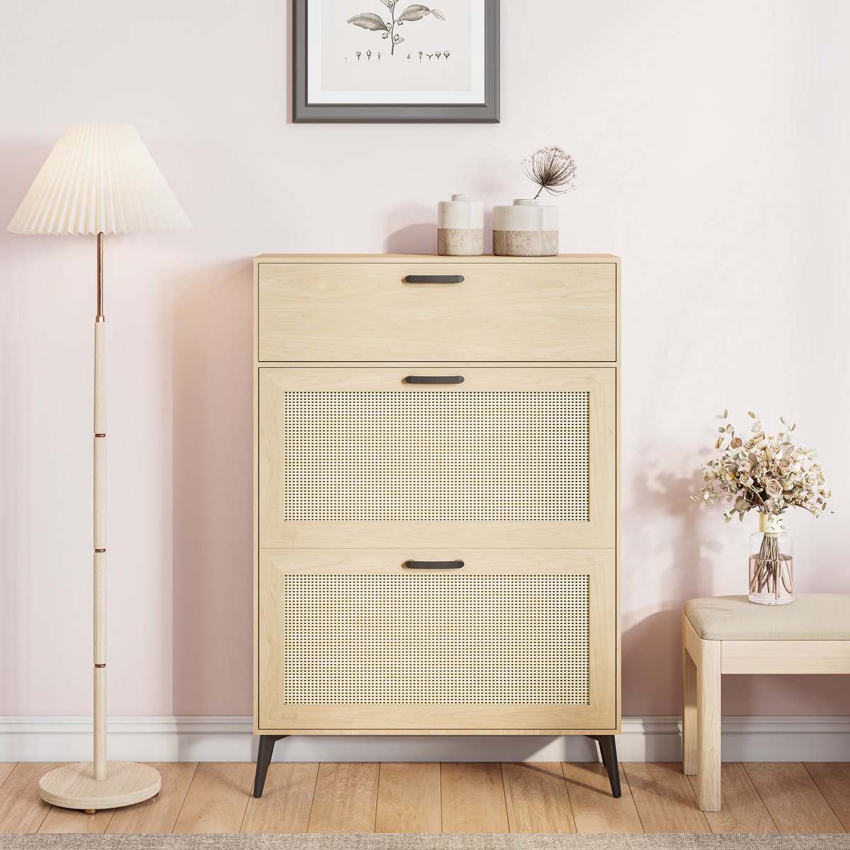 Schoenenkast met Verticaal Flapdeuren – Scandinavisch Design, 2 Lagen Schoenrekken, 80×24×114 cm, Houtkleur met Zwarte Metalen Poten
