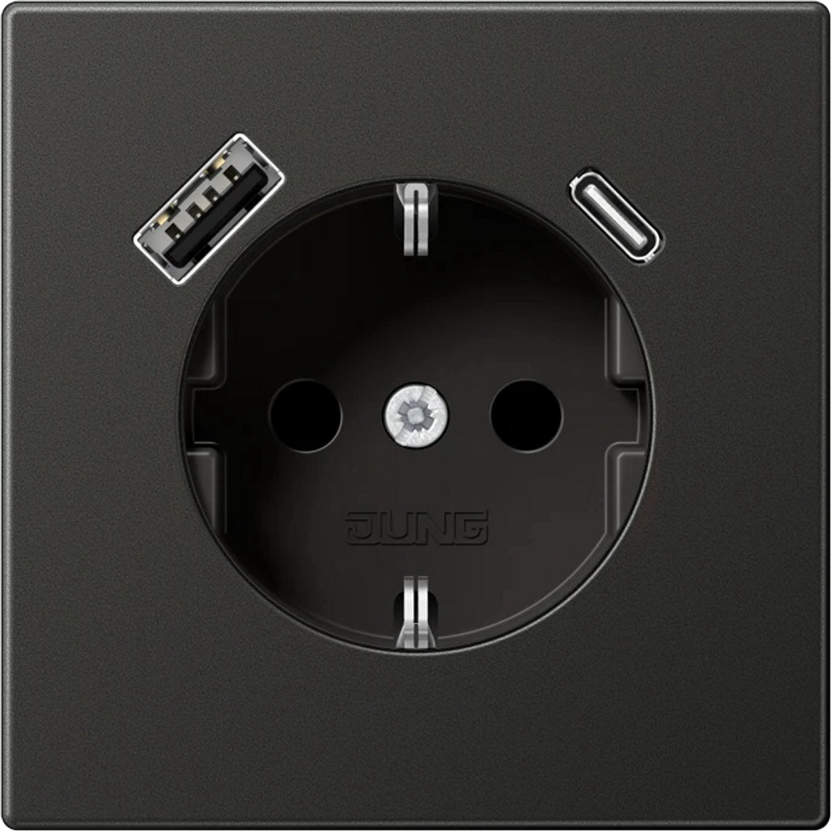 JUNG stopcontact met randaarde met 2x USB (USB A + C) - LS Range antraciet (AL1520-15CAAN) - wandcontactdoos