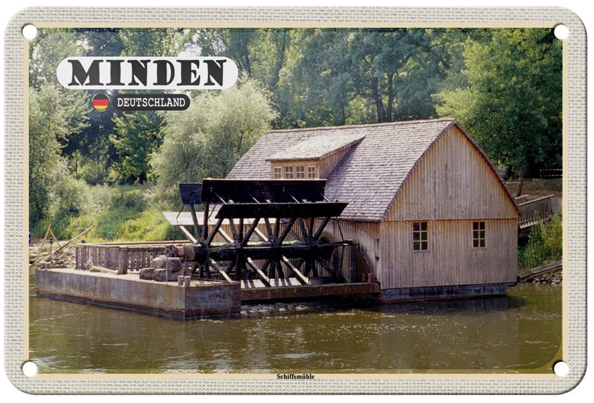 Blechschild Städte Minden Schiffsmühle Fluss Deko 18x12cm Schild