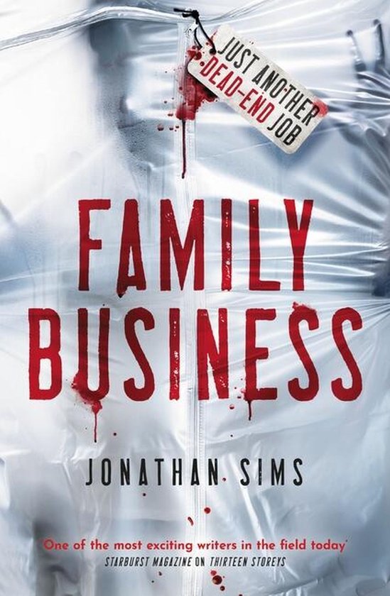 Boek 'Family Business' met rode bebloede letters en de tekst 'Just another dead-end job'.