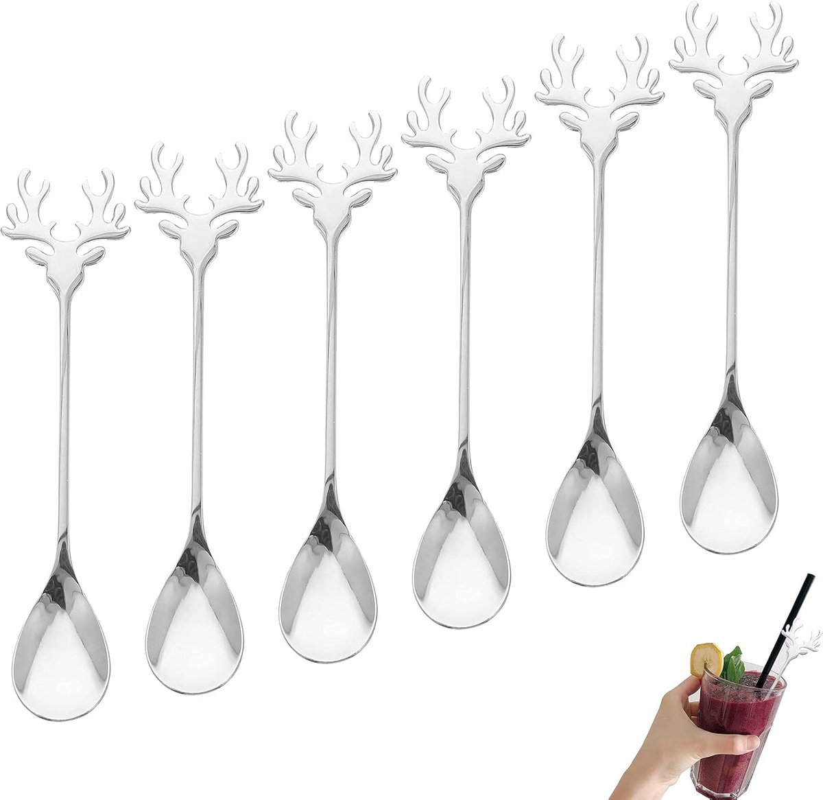 6 Stuk Roestvrij Staal Lepel Eland Lepel Dessertlepel Eetlepel Kerst Lepel Creatieve Koffielepel Kleine Lepel Theelepel (Zilver)