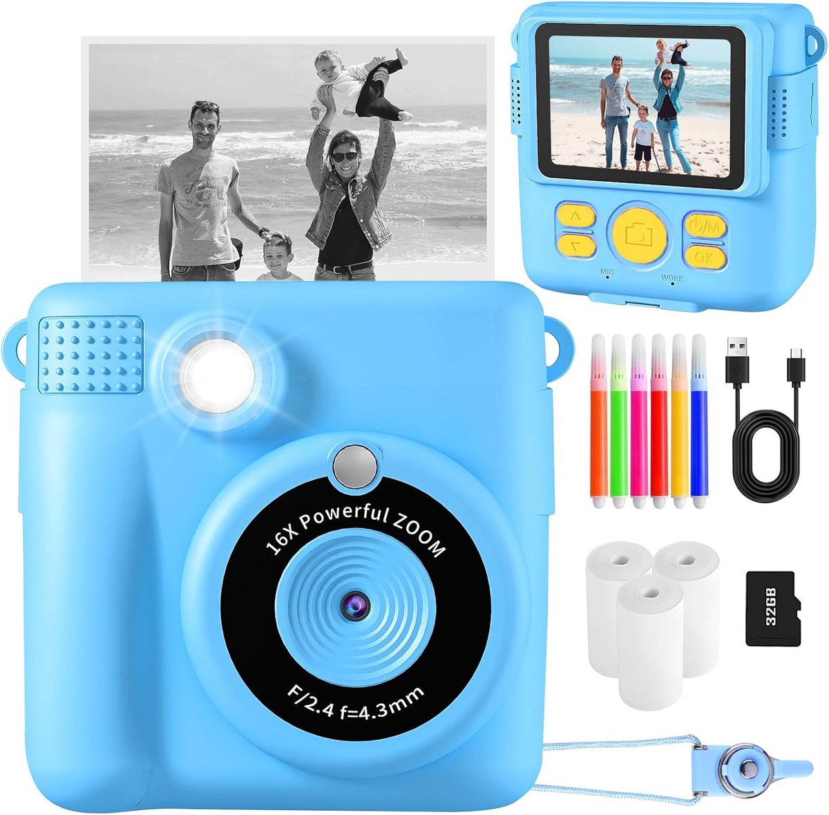 Instant Fotocamera voor Kinderen met Printpapier, Digitale Kindercamera 1080P met 32GB Kaart