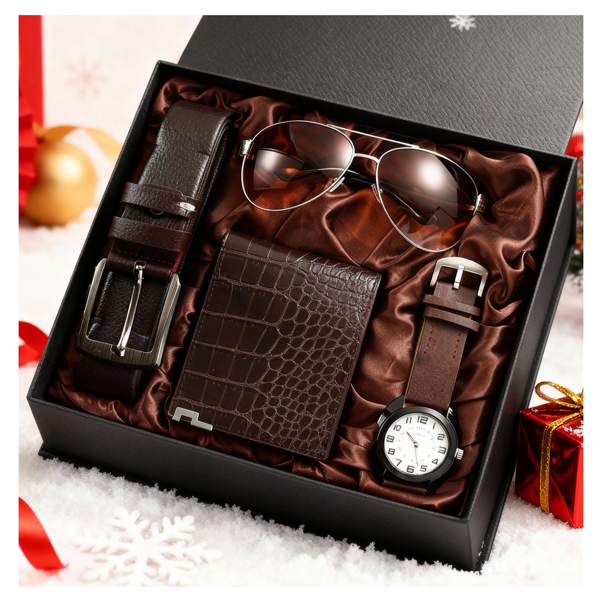 OYLCDI Portemonnee 4-delige Cadeauset voor Mannen Herenhorloge Riem Set -Mannen Verjaardag Huwelijksdag Cadeaus -Vaderdag Cadeaubox -Verjaardagscadeau -Kerstcadeau -Heren Cadeaubox Sets met Leren Riem Portemonnee Horloge Bril
