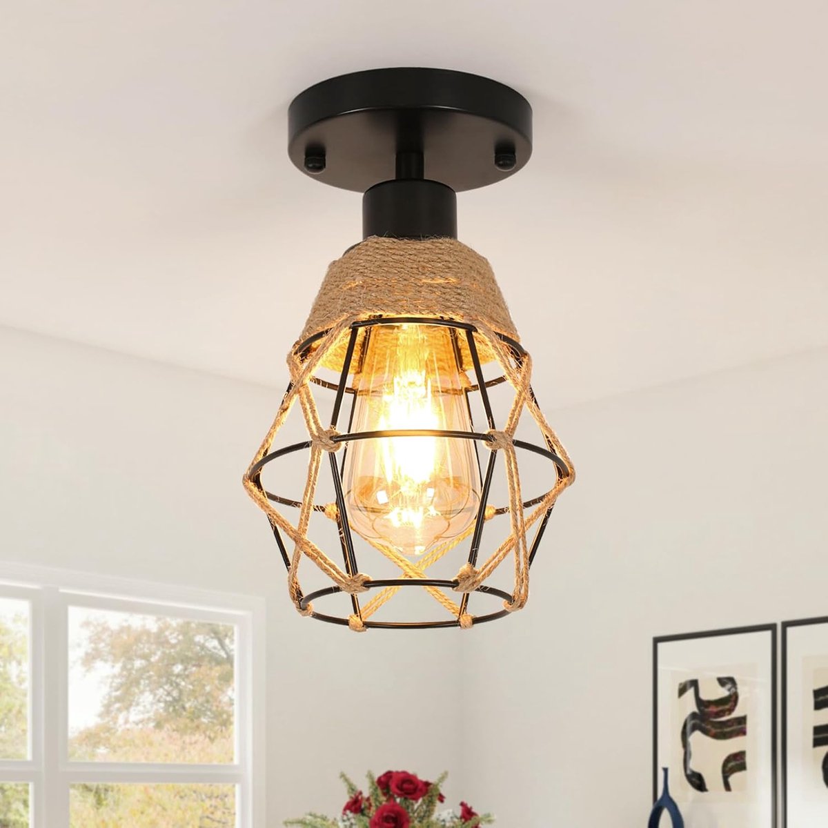 Vintage zwarte plafondlamp van henneptouw E27 voor binnen, voor woonkamer, keuken, slaapkamer, rustieke antieke plafondlamp (lamp niet inbegrepen)