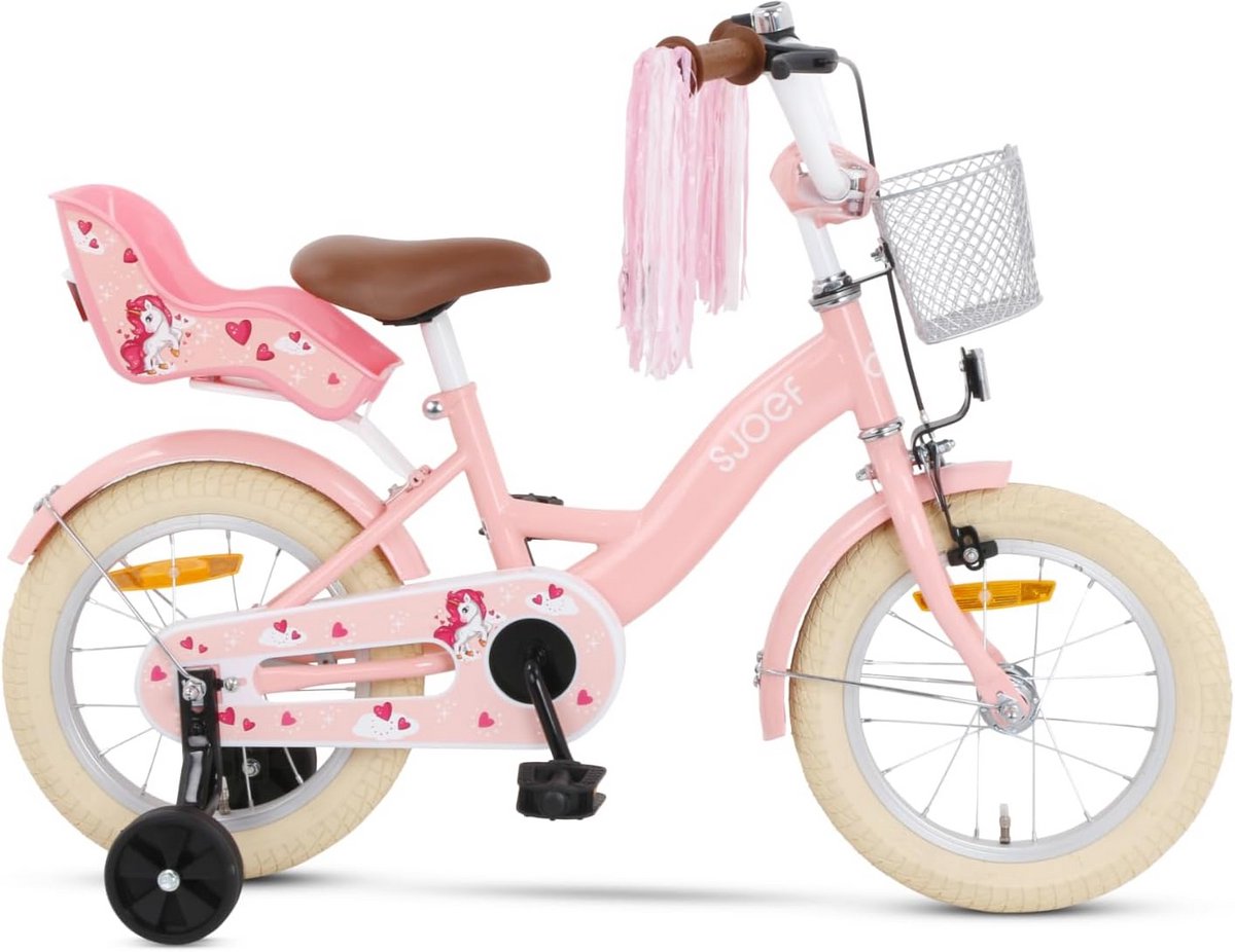 14 Inch Kinderfiets Meisjes Roze met Zijwieltjes en Poppenzitje Geschikt voor 3-5 jaar