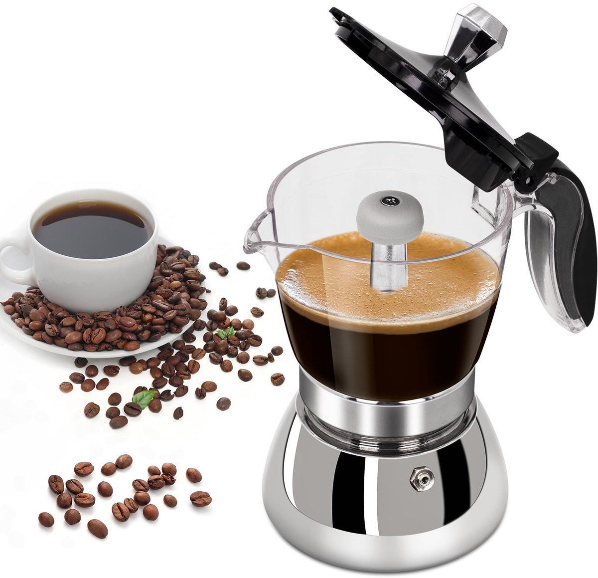 Unyqoos® Traditionele Italiaanse espressopot voor zes kopjes met transparant ontwerp
