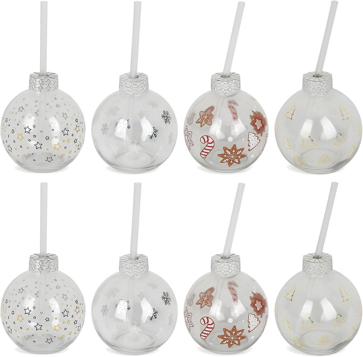 Set van 8 Kerst Drinkglazen met Rietjes - 400ml - Feestelijk Winter Servies