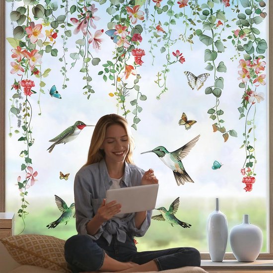 Decoratieve Raamstickers met Blauwe Bloemen en Kolibries voor Tuin