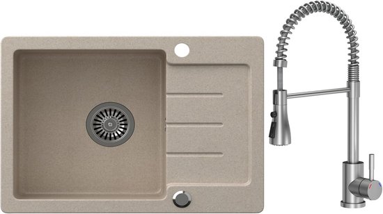 VBChome Wastafel 62 x 44 cm Beige spoelbak enkele wastafel keuken inbouwspoelbak composiet gootsteen keukengootsteen gespikkeld vlak sifon wastafel