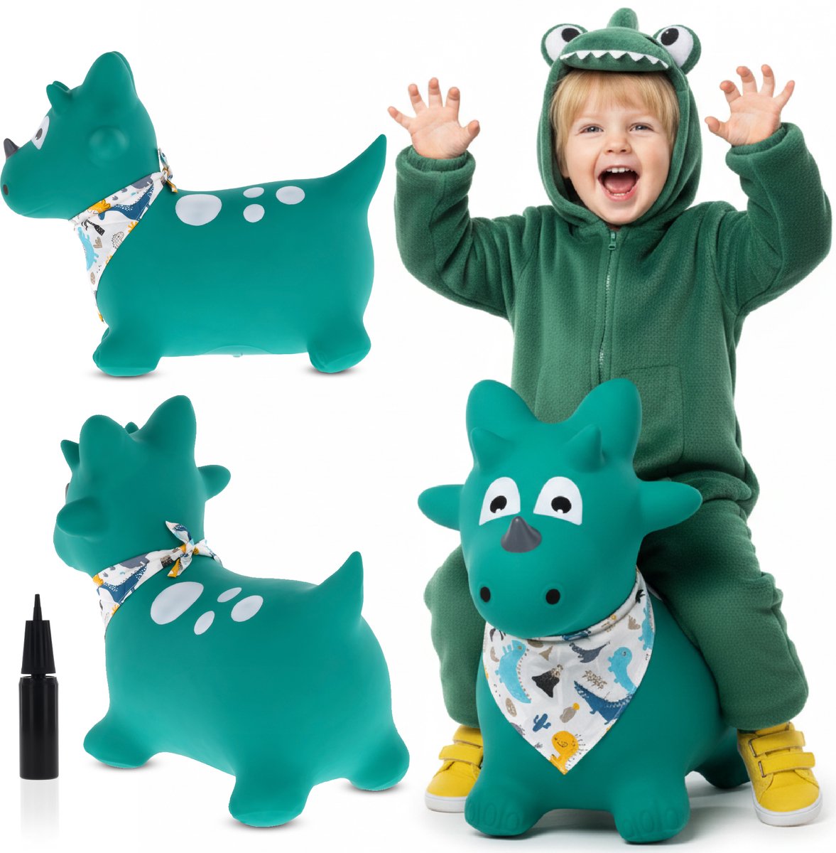 sun baby - Springdier met pomp vanaaf 1 jaar - Dinosaurus - groen met bandana - max 50kg, duurzaam rubber, gecertificeerd, bpa-vrij, springpaard, springhond