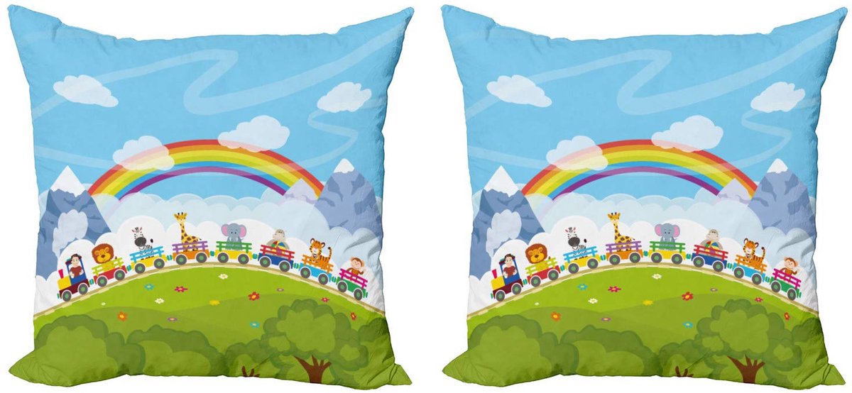 ABAKUHAUS kussenhoes set 2x40x40 cm – Cartoon treinwagon – dubbelzijdig Blauw Groen