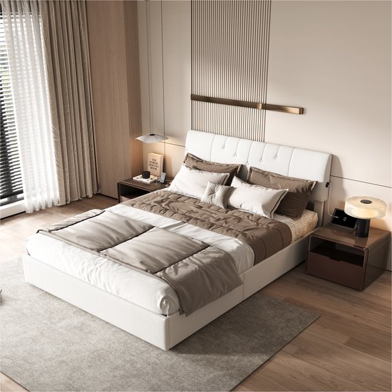 140x190cm Hydraulisch Tweepersoonsbed Met Teddy Stoffering, 2 USB-Poorten, LED-Hoofdbord En Opbergruimte Onder Het Bed, Beige