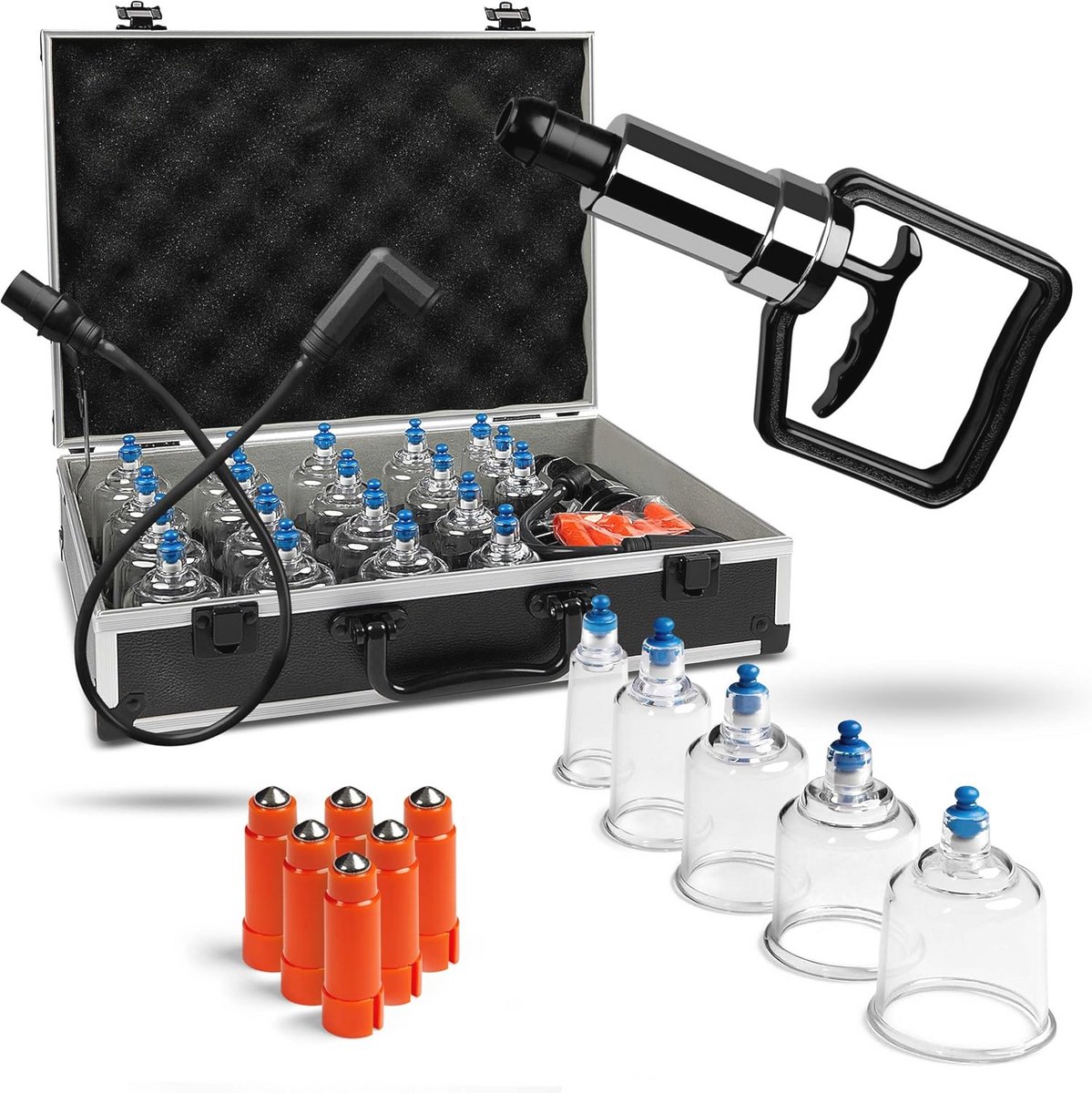 Cupping Glazen Set - 19-dlg. Cupping Therapie met Vacuümpomp in Aluminium Koffer