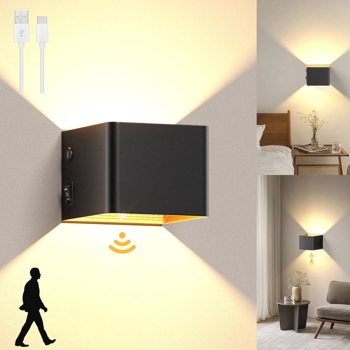 Led-wandlamp met Bewegingssensor en Oplaadbare Batterij - Warmwit - Voor Binnengebruik in 