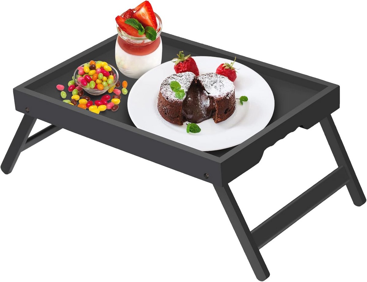Bamboe Bedlade Tafel met Inklapbare Poten voor Ontbijt en Snacks