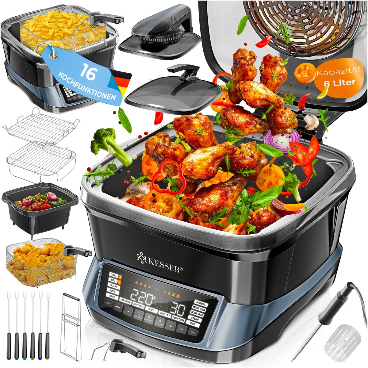 KESSER® Multicooker Airfryer 8L met 16 Kookfuncties Inclusief Stoomkoker, Rijstkoker, Grill Apparaat