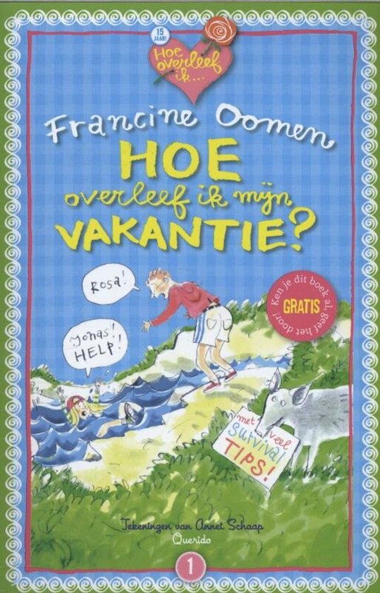 Voorkant van het boek 'Hoe overleef ik mijn vakantie?' met tekeningen van Annet Schaap. Kinderen in de zee en op het land, met een schaap met 'survival tips'.