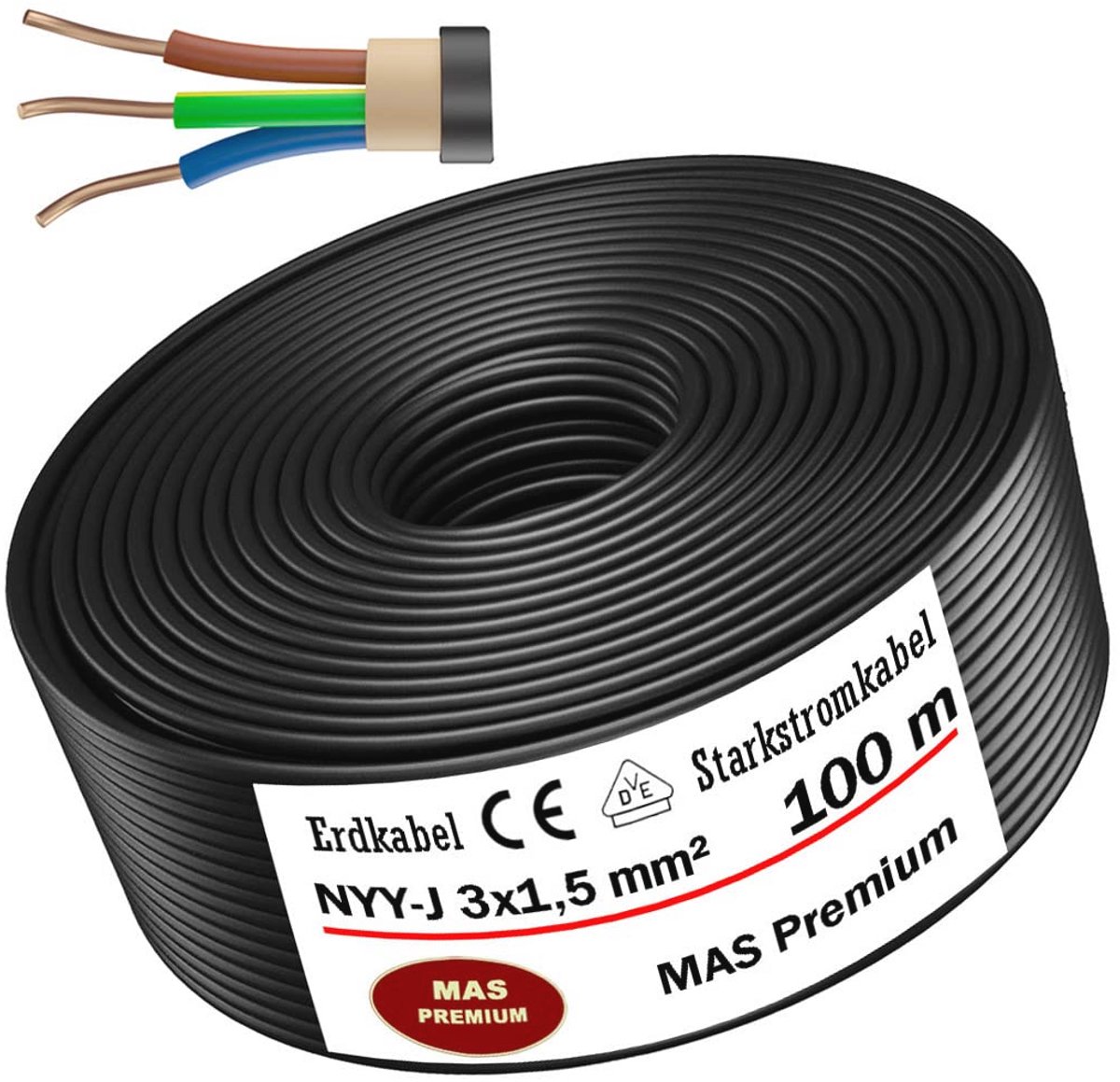 Aardkabel 10m, 20m, 25m, 50m en 100m NYY-J 3x1,5 mm² voor buitentoepassing