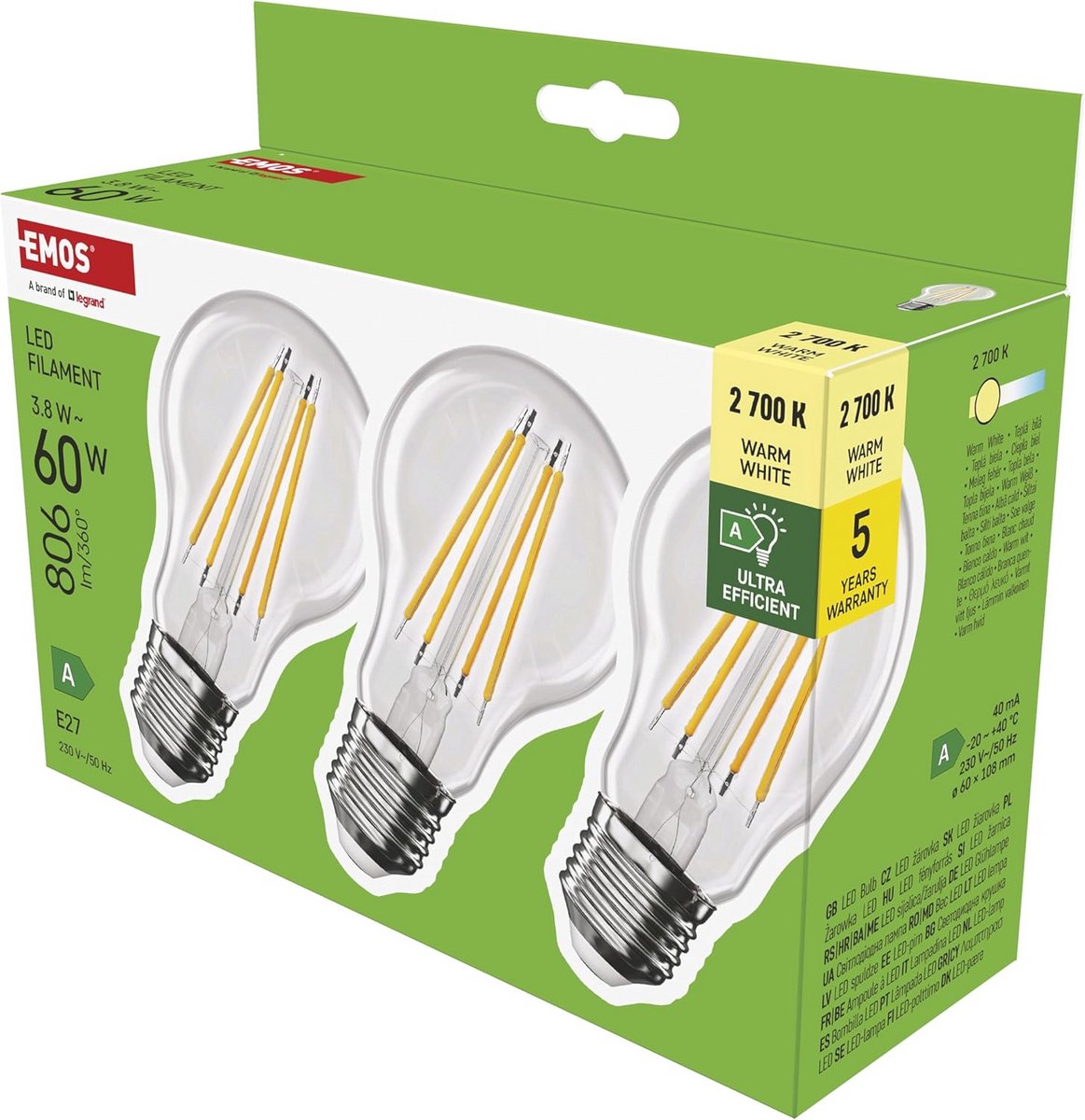 LED Filament A60 Gloeilamp - E27 Fitting - Warm Wit - 806 Lumen - Energiezuinig - 3-Pack