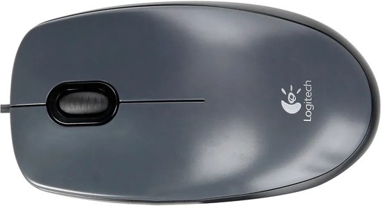 Souris Logitech M90 filaire grise avec logo, vue de dessus.