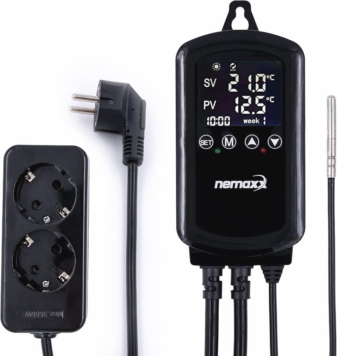Digitale stekkerthermostaat - Programmeerbare temperatuurregelaar met 2 relais en NTC-sensor - Verwarmings- en koelingsthermostaat tot 3000W / 16A - Plug & Play