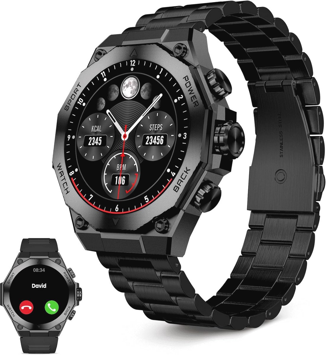 Titanium Smartwatch voor Heren - Sporthorloge met AMOLED-display, Gezondheidsmonitor en Spraakassistent