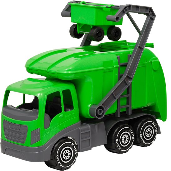 Groene vuilniswagen met grijze details, een beweegbare achterklep en een grijze hefconstructie met bakje.