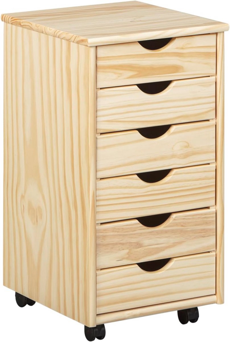 Rolcontainer met 6 laden van massief grenenhout voor kantoor - 35x39x66 cm