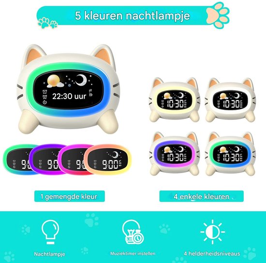 Ynkkvre - Slaaptrainer Kind - Wekker Kinderen met Nachtlampje & Geluiden - Digitale Slaapwekker Peuter - kan worden gebruikt tijdens slaaptraining en geluidsontwaking , Oplaadbaar via USB-C- kat van Ynkkvre — afbeelding 3