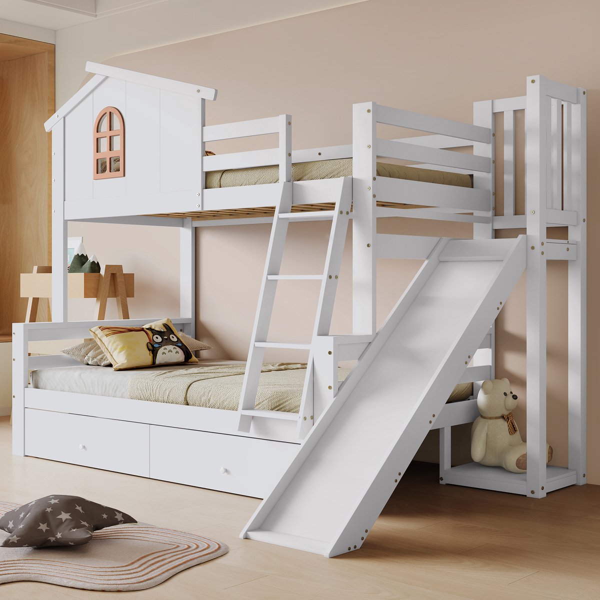 Wishdor Stapelbed 90x200 & 120x200 cm - Glijbaan & Raam - 2 Laden - Wit Hout - Moeder & Kind Wit met schuifmechanisme