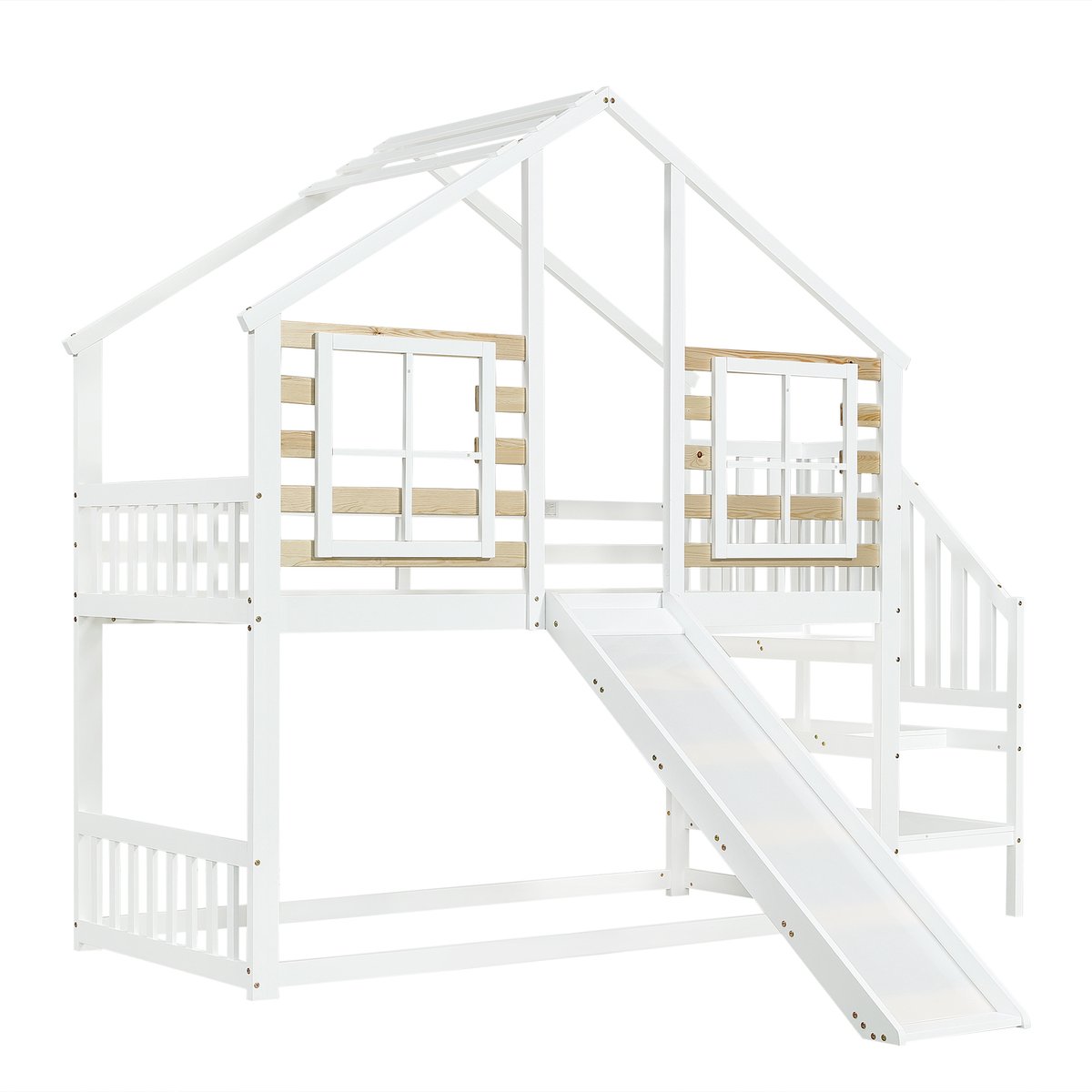 Wishdor Huis Stapelbed 90x200 cm - Glijbaan & Dak - Ramen & Trap - Wit/Naturel Hout - Avontuurlijk & Veilig
