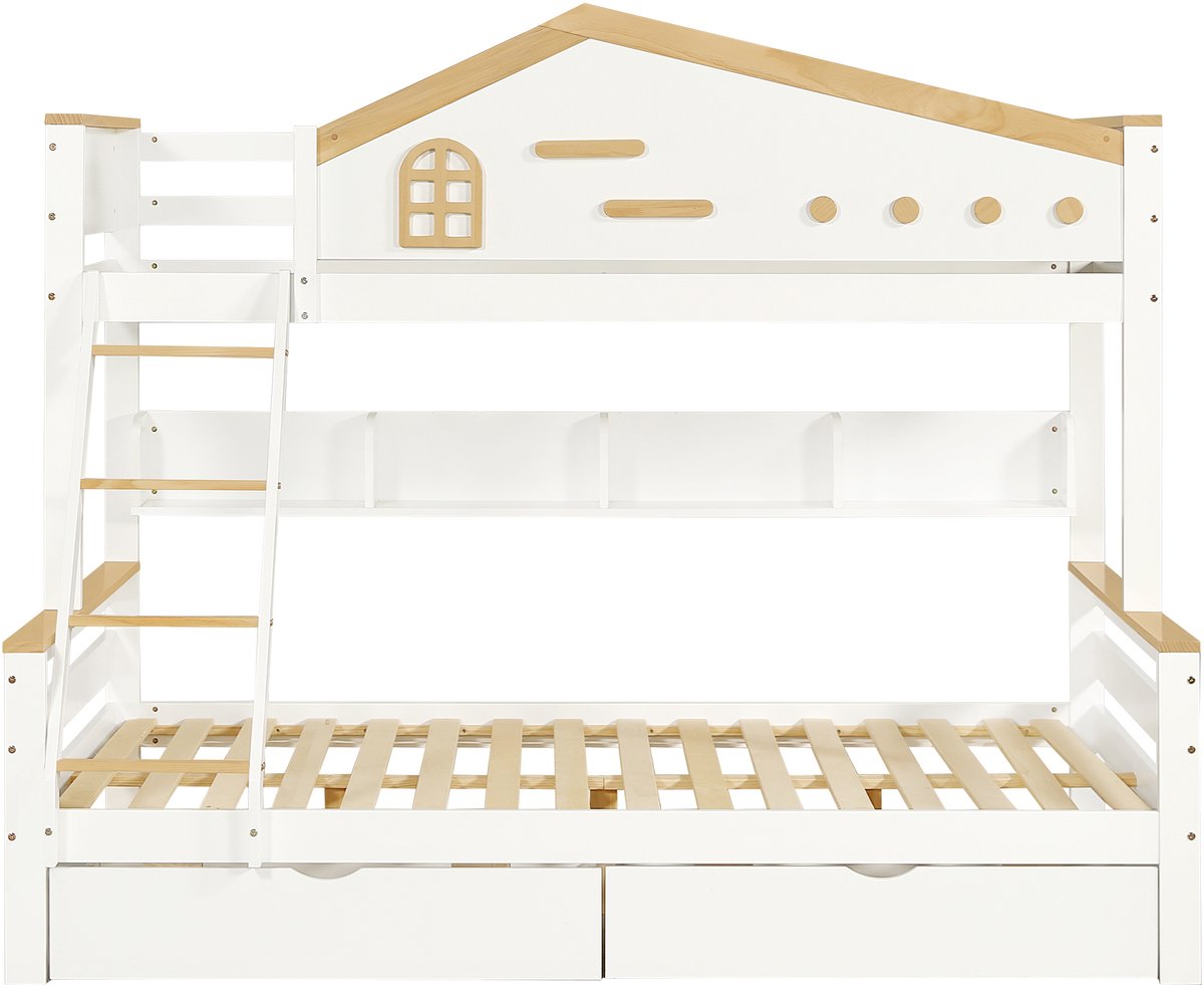 Wishdor Stapelbed 90x200 & 140x200 cm - Open Schap & 2 Lades - Schuine Ladder - Wit/Naturel Hout - Ruim & Compleet