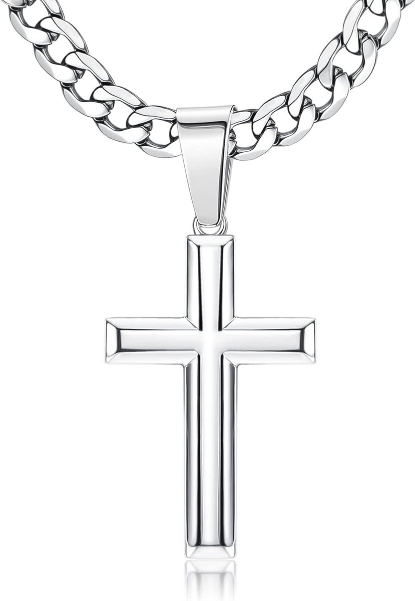 Chriscoco Halsketting voor dames en heren, 925 sterling zilver, figaro-ketting, roestvrij staal, diamantgeslepen figaro, kruis, gepolijst, afgeschuinde randen, Roestvrij staal, Geen edelsteen