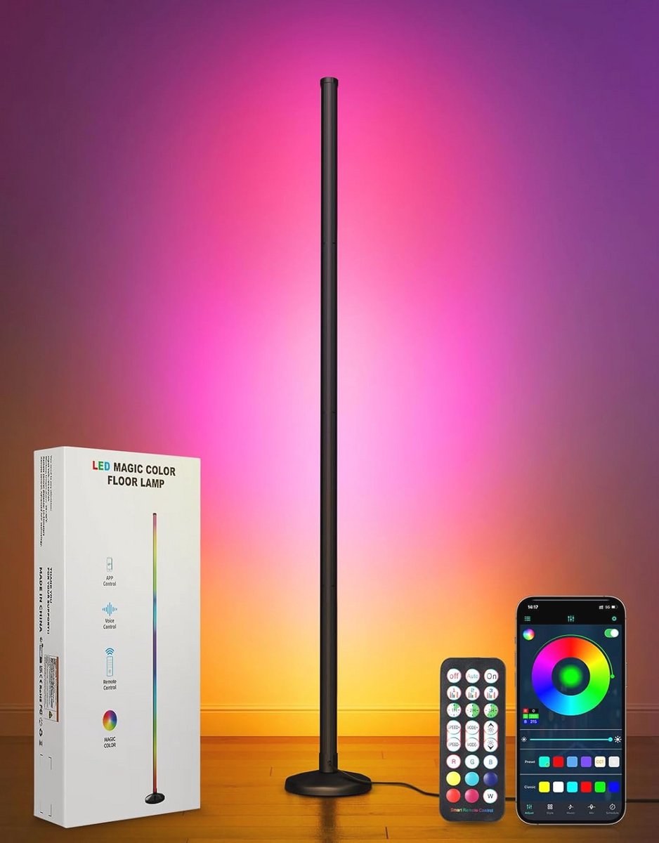 Dimbare LED Vloerlamp met Afstandsbediening en App-besturing – 16 Miljoen Kleuren, Muzieksynchronisatie en Verstelbare Hoogte