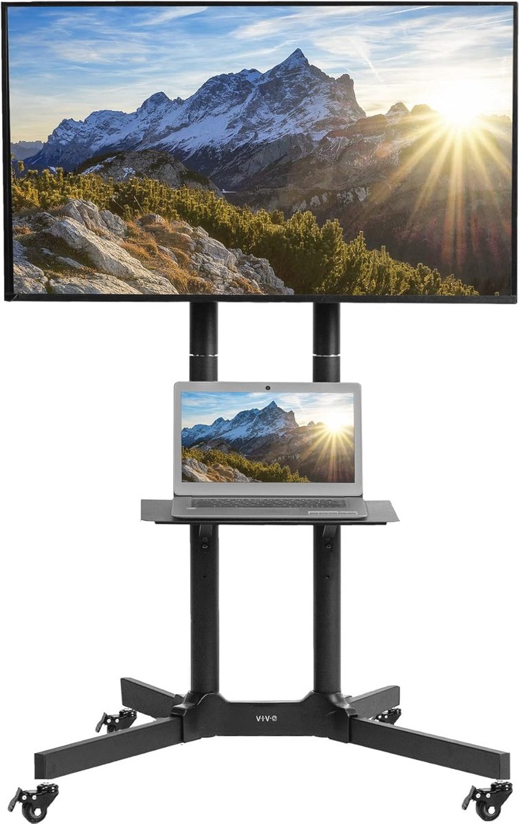 Mobiele TV-Kar voor Schermen van 32 tot 83 Inch, Draagvermogen tot 50 kg, Verstelbare Hoek, Rolstandaard met Opbergplank
