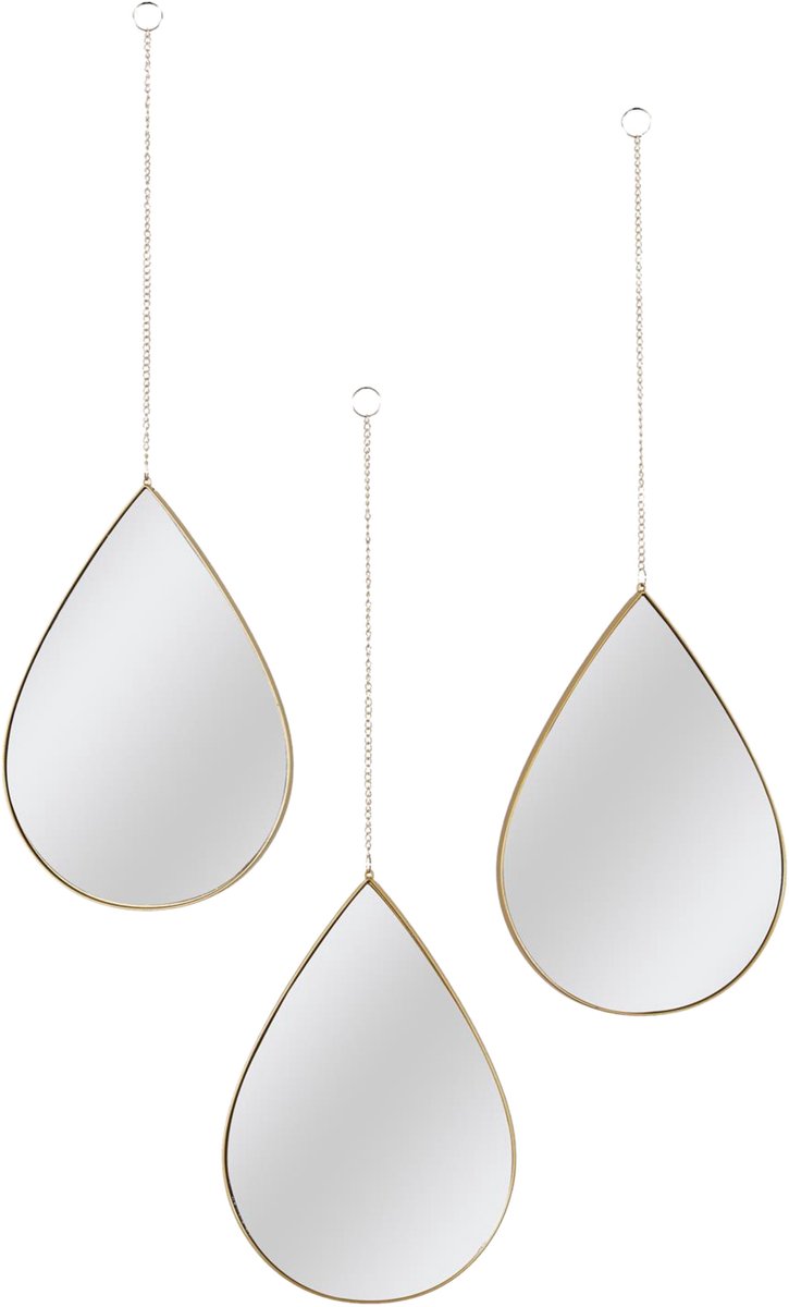 Home Deco Factory wandspiegels druppel - set 3x stuks - 19 x 27 cm - goud - kunststof - decoratie - hangspiegel