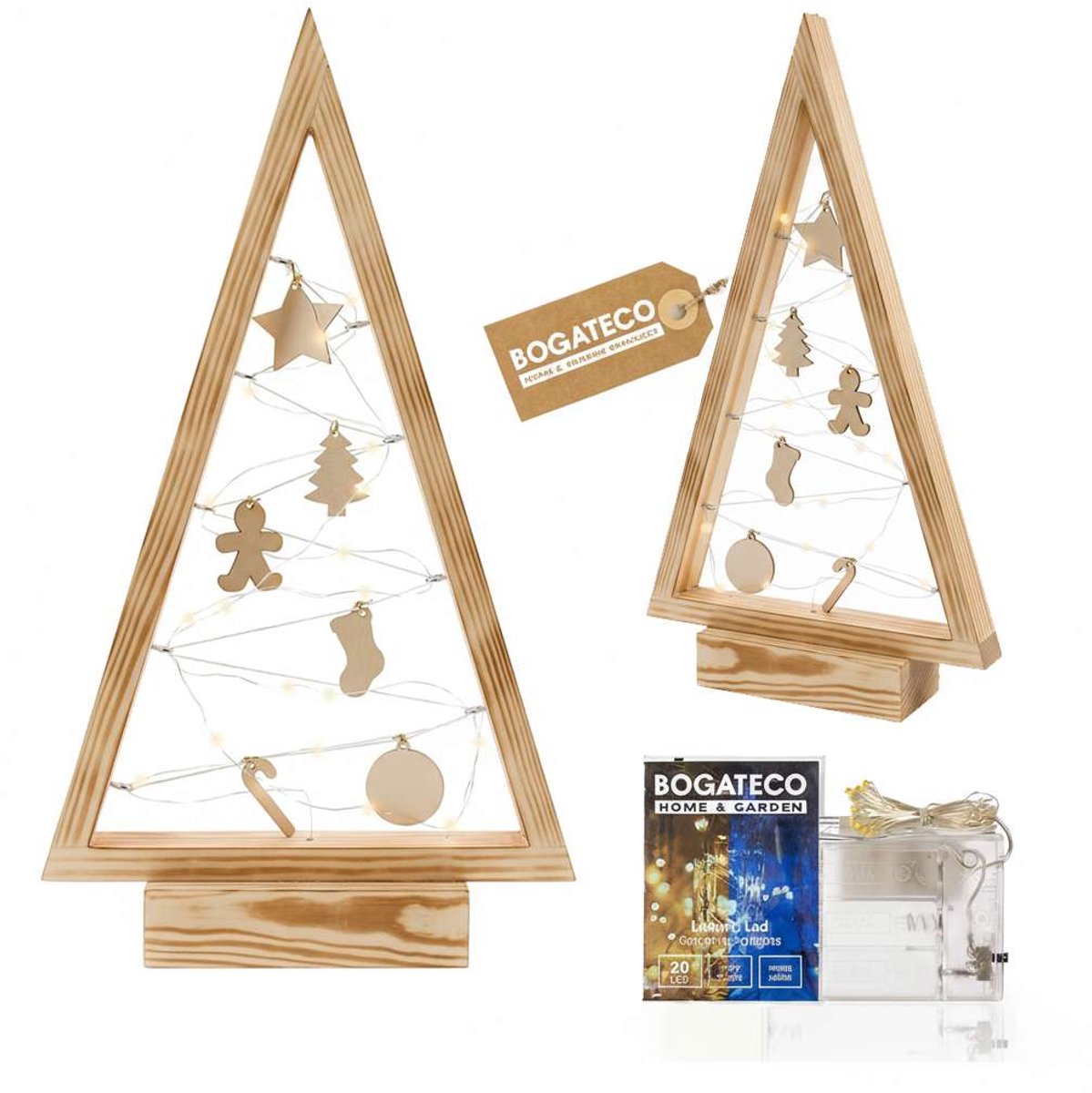 BOGATECO houten kerstboom met LED 52cm hoog | Inclusief houten decoratie | Kerstversiering | 20 LED | Bruine