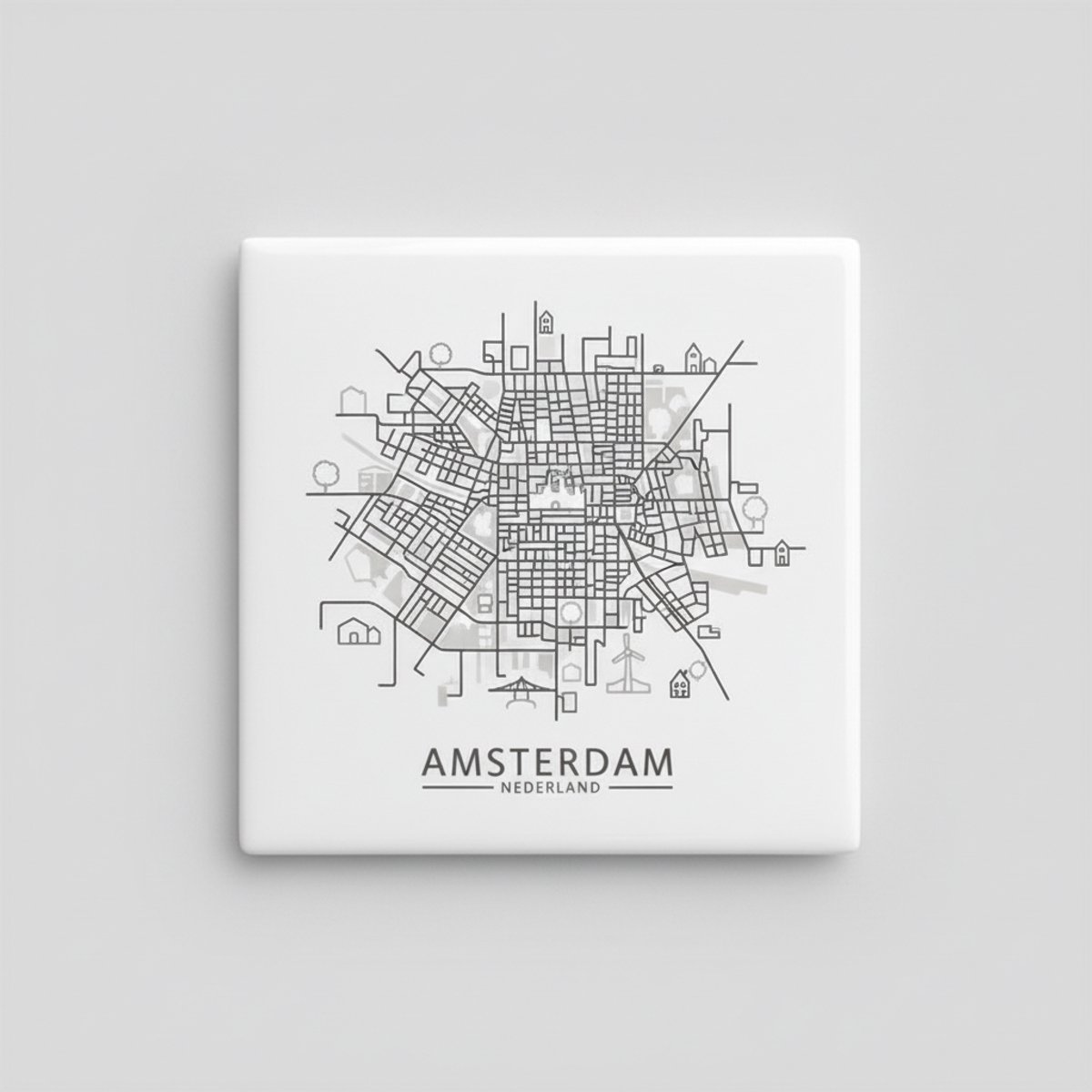 Amsterdam Stadskaart – Minimalistische Plattegrond Keramische Tegel 15 × 15 cm | Moderne R