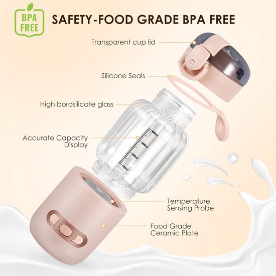 Draagbare fleswarmer, 400ml draagbare autowaterwarmer, babyvoedselwarmer met temperatuurcontrole voor buitenreizen, instelbare temperatuur van 37°C tot 55°C (roze) — afbeelding 2