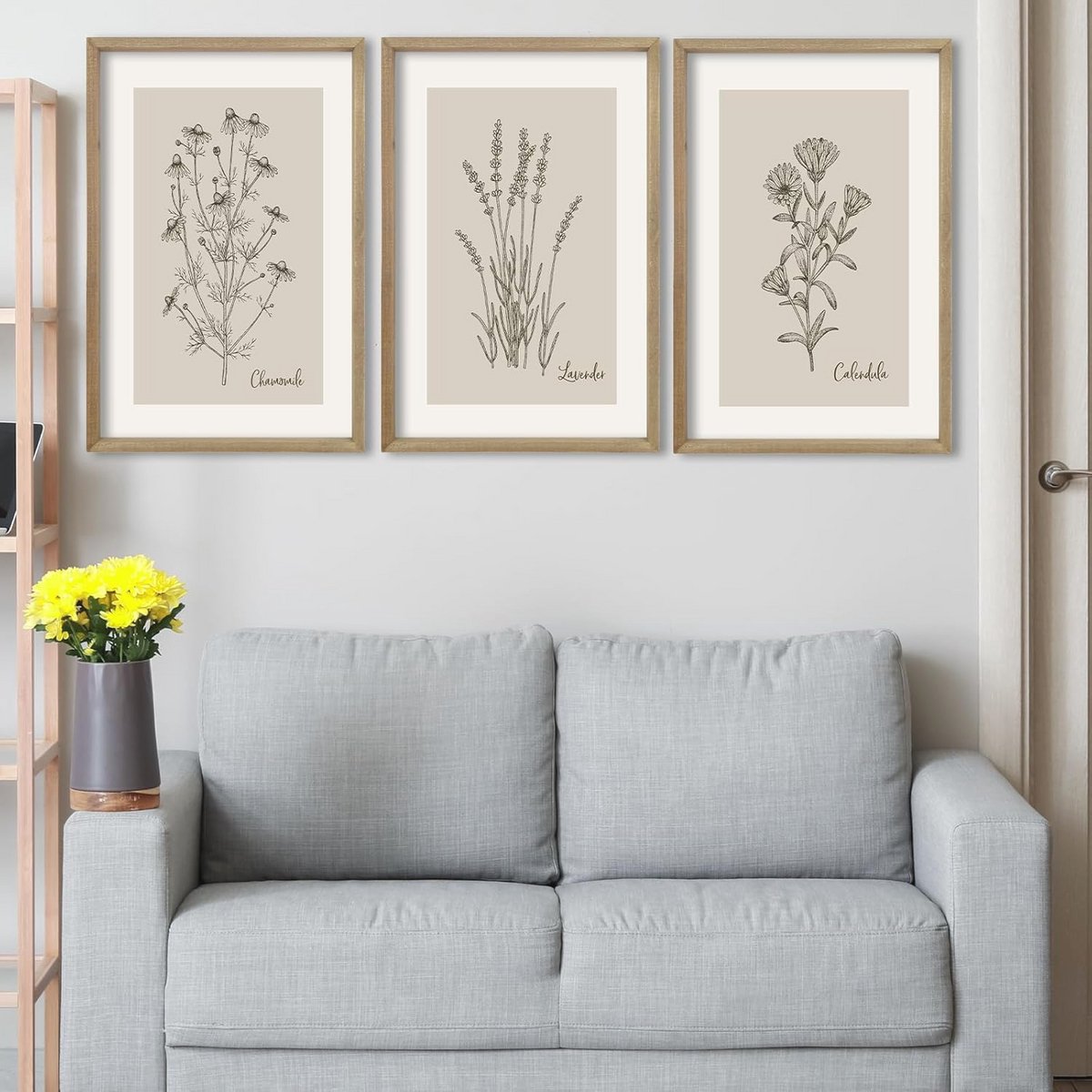 Vintage antieke muurkunst met wilde bloemen - Set van 3 ingelijste decoraties voor woonkamer en slaapkamer - 60 cm x 40 cm