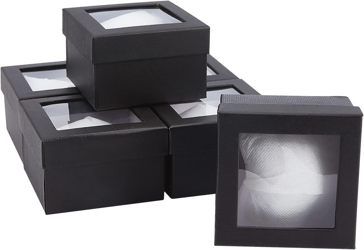 Papieren Doos voor Horloge en Armbanden - Set van 6 Zwarte Sieraden Dozen met Spons en Doorzichtig Venster (9x9x6cm)