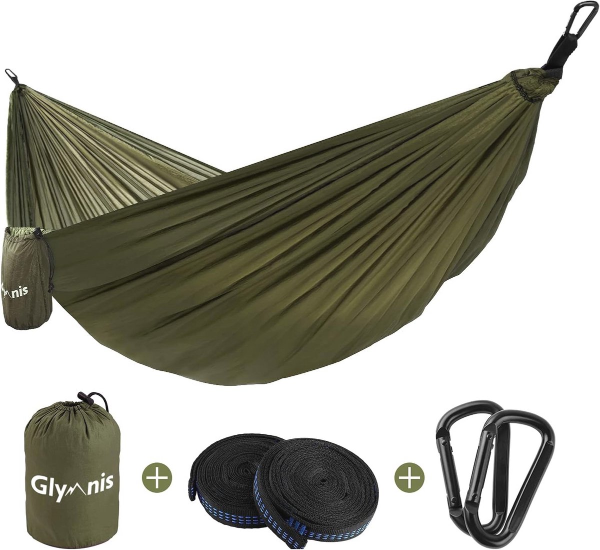 Ultralichte hangmat van nylon, 300 kg draagcapaciteit, 300 x 200 cm, met 2 nylon riemen en 2 karabijnhaken voor camping en outdoor