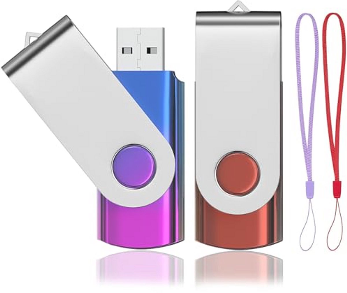 ABLAZE USB Stick 128GB 2 stuks Veelkleurig USB 2.0 geheugensticks Draaibare Hoge Snelheid Memory Sticks met lanyards(paars&rood)
