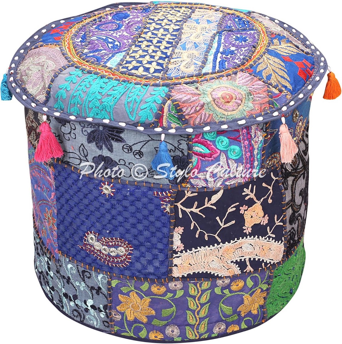 Etnische Ronde Poef Cover Vintage Marineblauw Patchwork