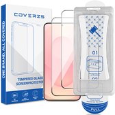 Verpakking van Coverzs Tempered Glass Screenprotectors. Bevat 2 screenprotectors, een groene houder en installatieaccessoires.