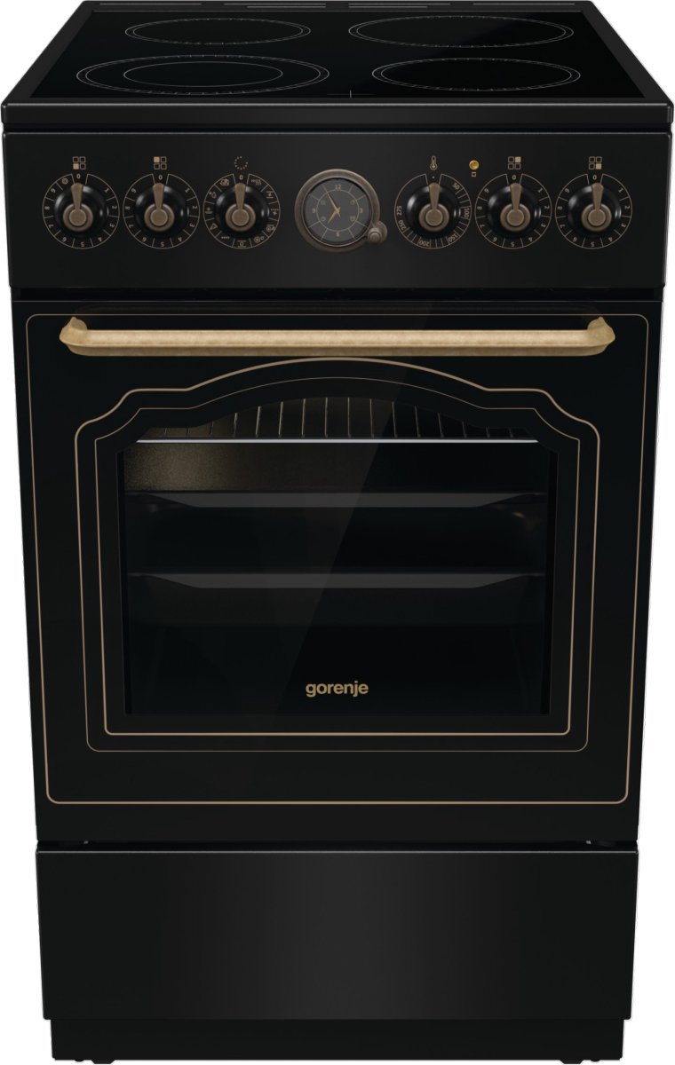 Gorenje GECS5B70CLB, Vrijstaand fornuis, Zwart, Draaiknop, Boven voorzijde, Bodem, Opberglade