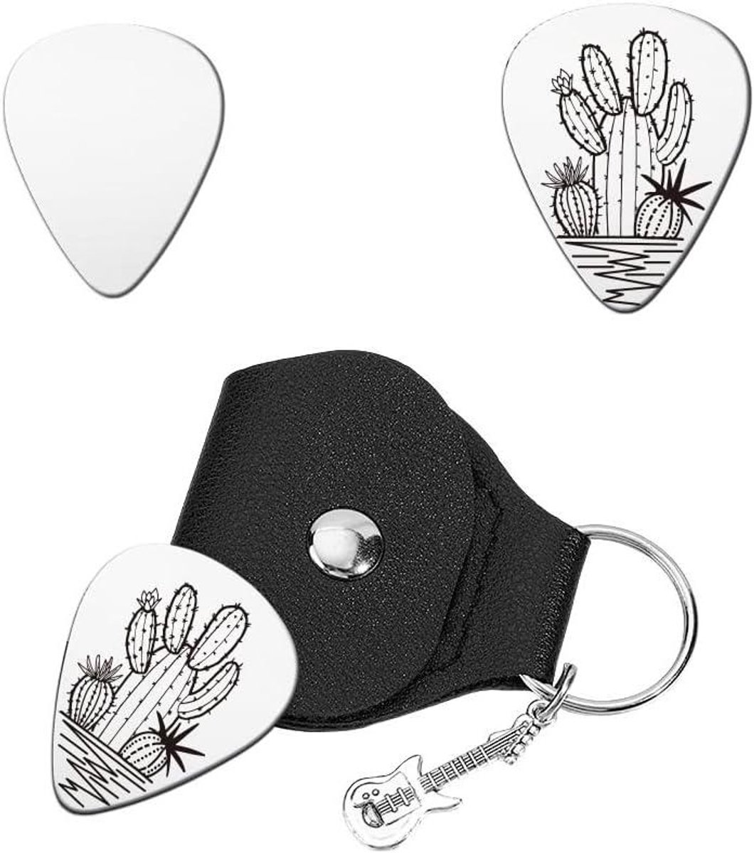 TTGoods - Gepersonaliseerde Gitaar Picks Sleutelhanger Cactus Rvs Pick Pu Lederen Case Speler Muzikant Verjaardag