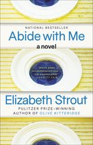 Boekomslag voor "Abide with Me" van Elizabeth Strout, een roman, met tekst en een close-up van een blauw gebrandschilderd raam.
